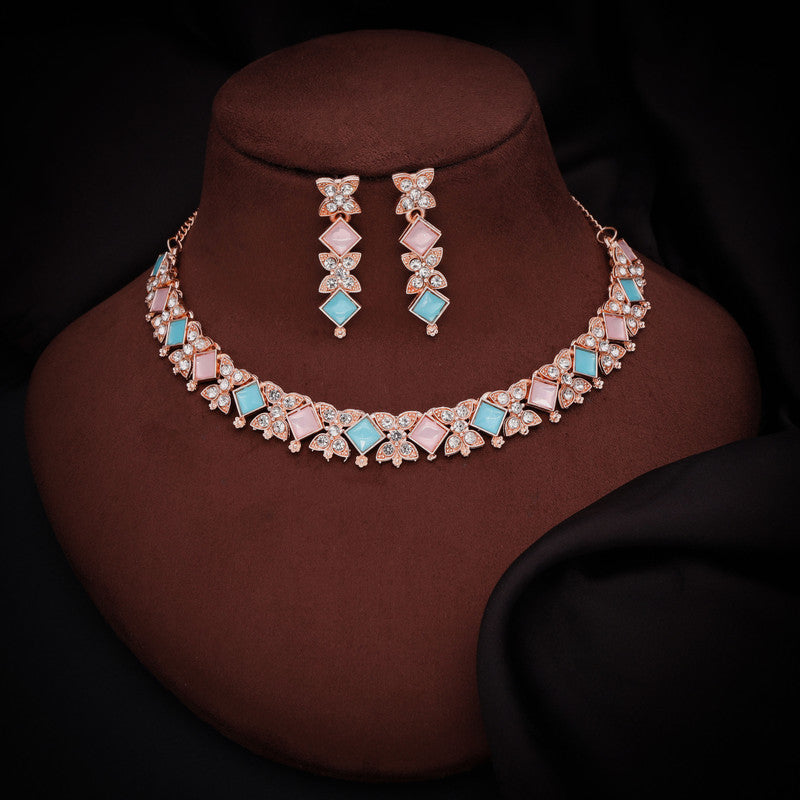 Tehzeeb Creations Rose Gold-Polished Sky & Baby Pink Choker Necklace With Dangle Earrings
