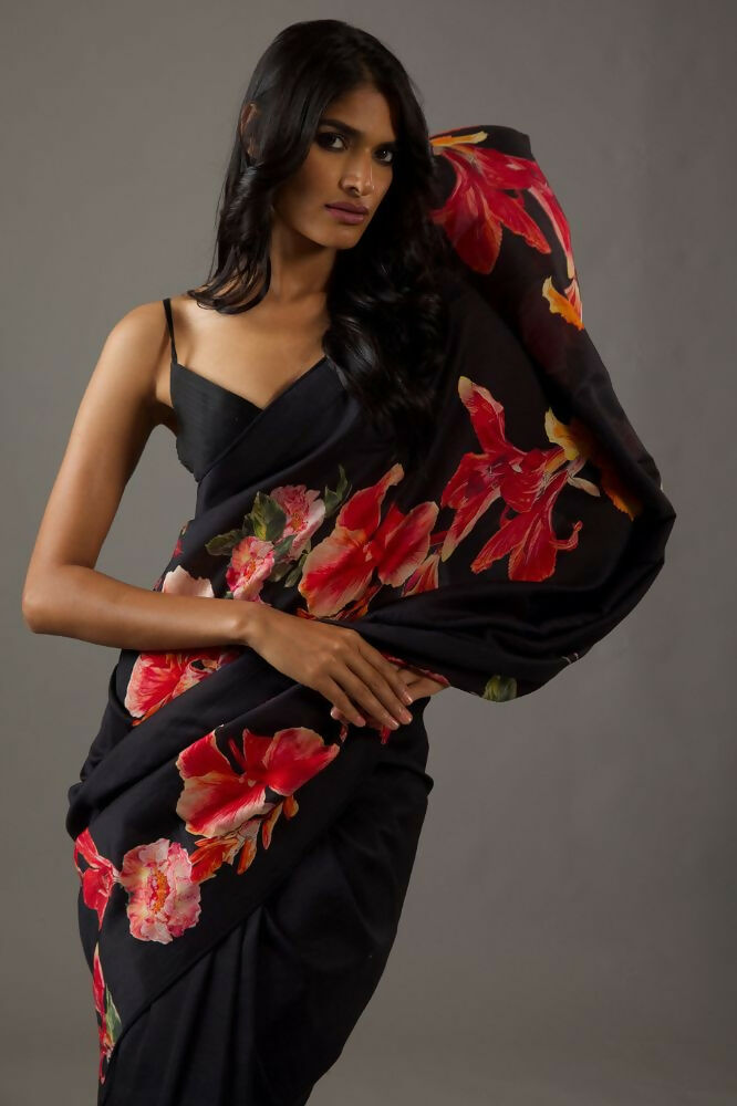 Black Bright Moss Designer Digital Printed Party Wear Saree - Be Verly