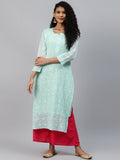 ADA Women Sea Green Chikankari Hand Embroidered Straight Kota Handloom Kurta With Matching Slip