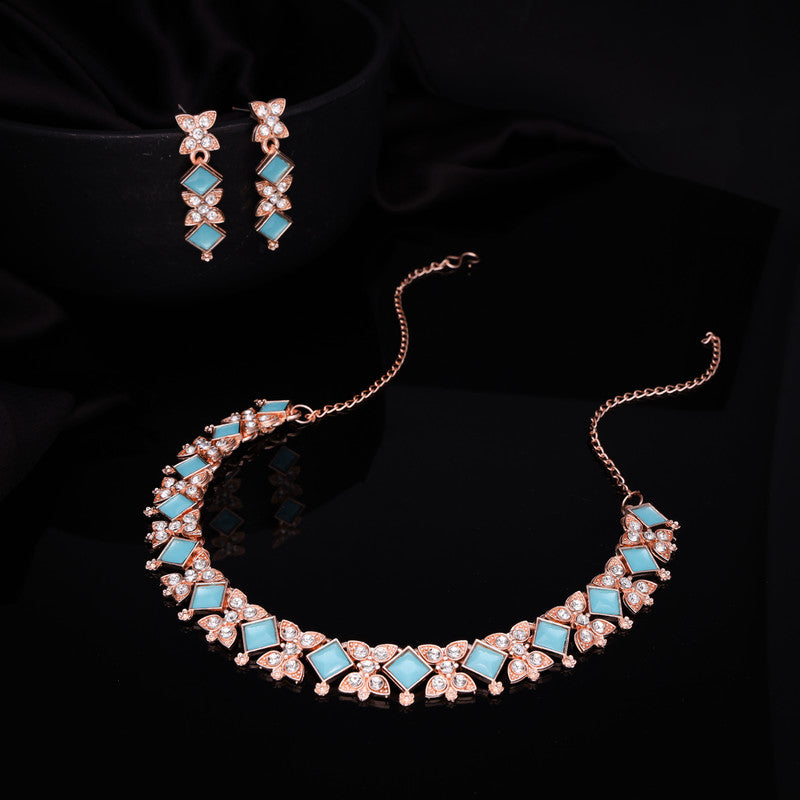 Tehzeeb Creations Rose Gold-Polished Sky Blue Choker Necklace With Dangle Earrings