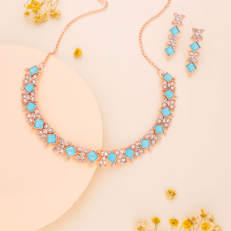 Tehzeeb Creations Rose Gold-Polished Sky Blue Choker Necklace With Dangle Earrings