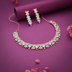 Tehzeeb Creations Rose Gold-Polished Sky Blue Choker Necklace With Dangle Earrings