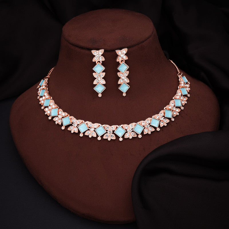 Tehzeeb Creations Rose Gold-Polished Sky Blue Choker Necklace With Dangle Earrings