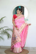 Pink Woven Jacquard Designer Embroidery Work Party Wear Saree - Parampara
