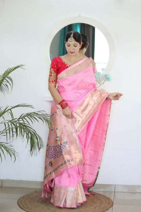 Pink Woven Jacquard Designer Embroidery Work Party Wear Saree - Parampara