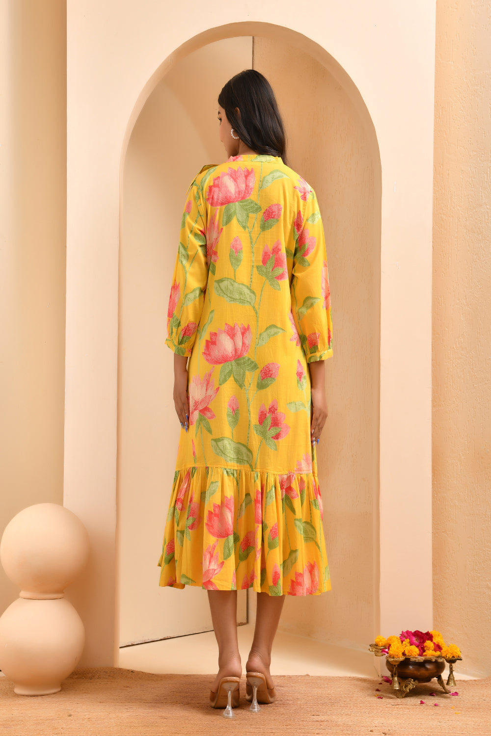Vaasva Women Floral Printed Lemon Dress - Distacart