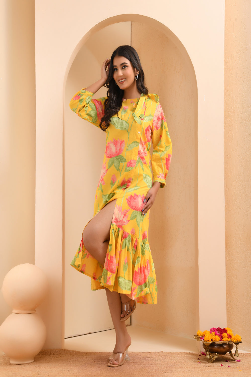 Vaasva Women Floral Printed Lemon Dress - Distacart