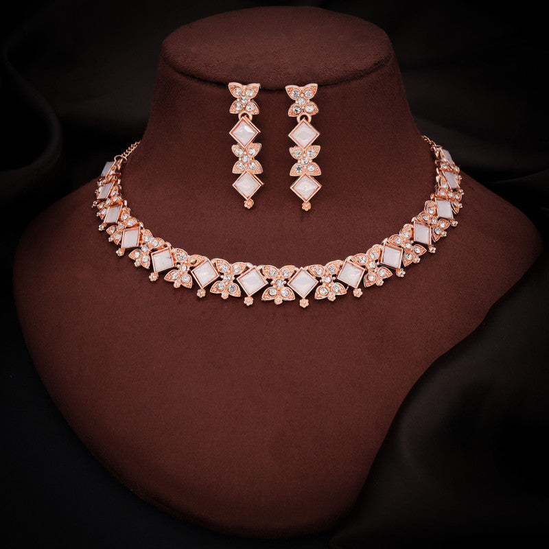 Tehzeeb Creations Rose Gold-Polished White Choker Necklace With Dangle Earrings