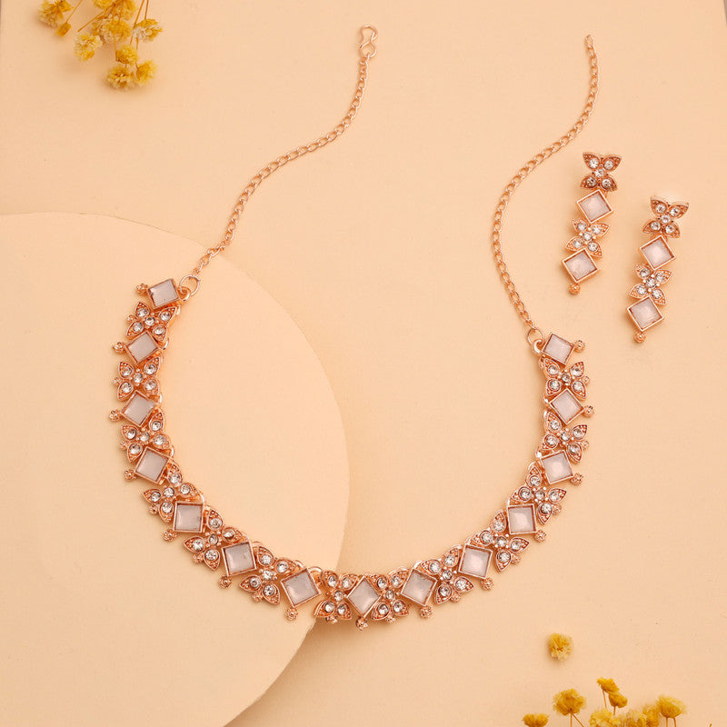 Tehzeeb Creations Rose Gold-Polished White Choker Necklace With Dangle Earrings