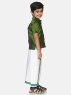 Sethukrishna Boys Olive Green & White Solid Shirt and Veshti Set