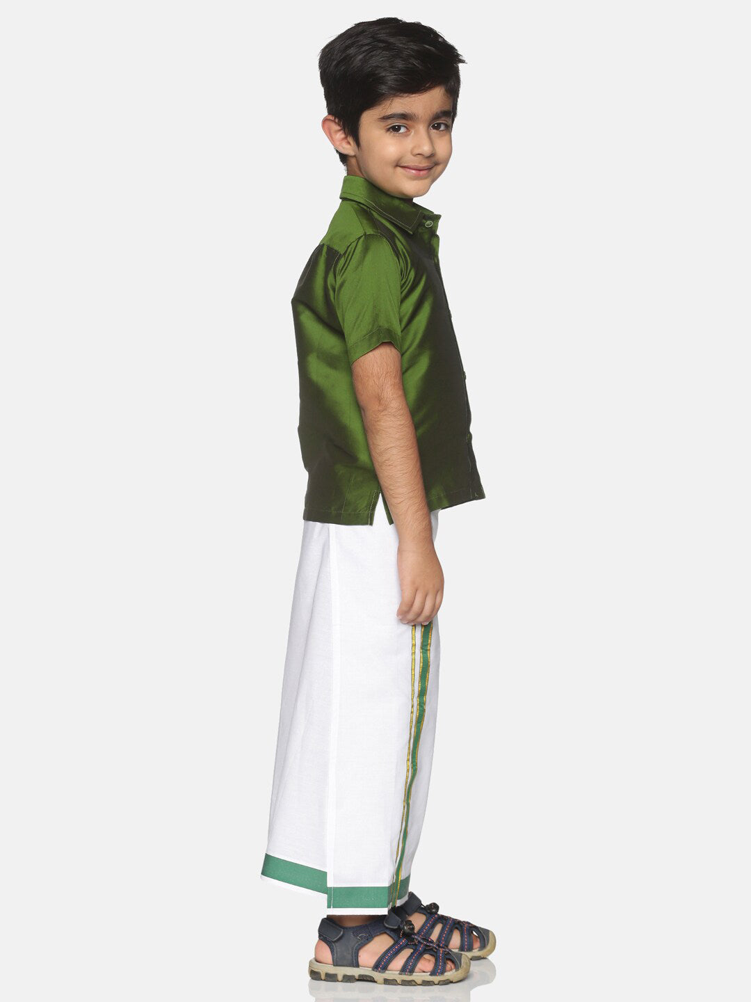 Sethukrishna Boys Olive Green & White Solid Shirt and Veshti Set