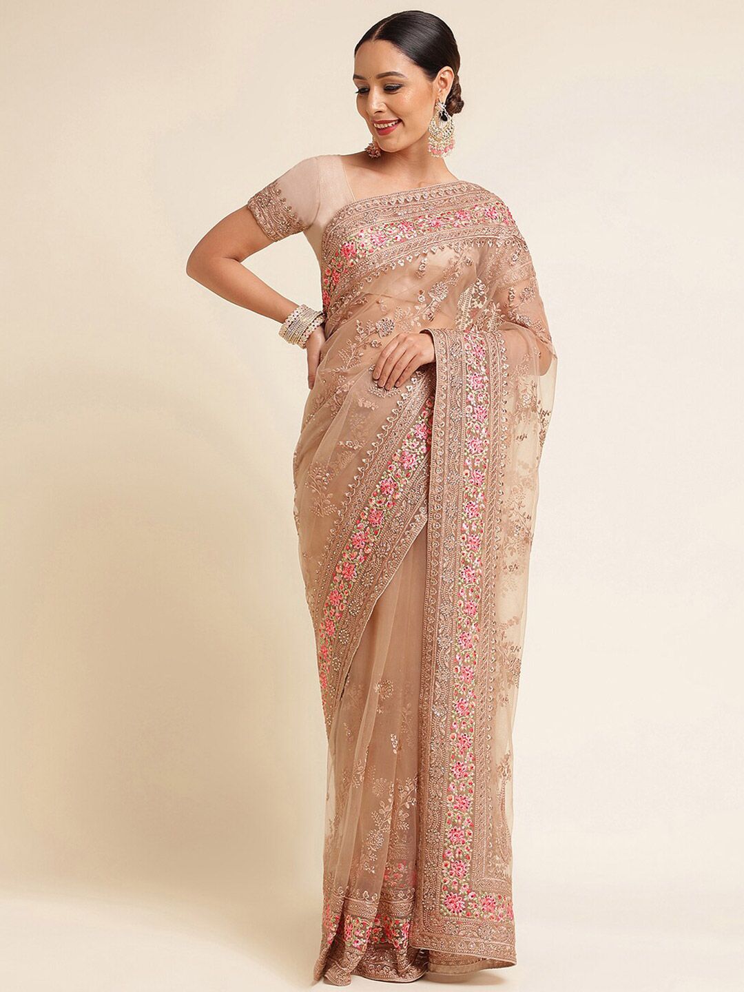 kasee Floral Embroidered Net Saree - Distacart