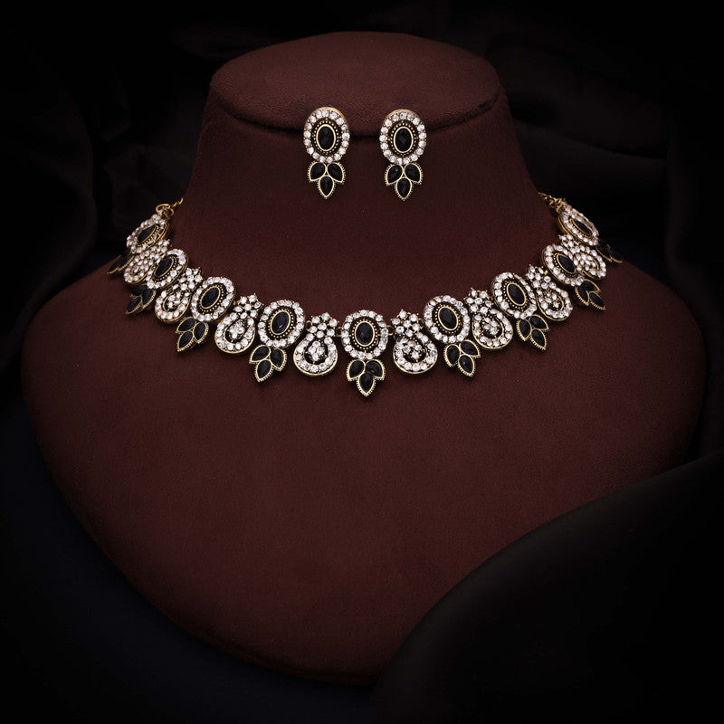 Tehzeeb Creations Gold-Polished Black Colour Choker With Dangle Earrings