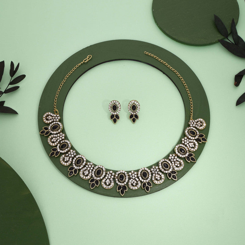Tehzeeb Creations Gold-Polished Black Colour Choker With Dangle Earrings