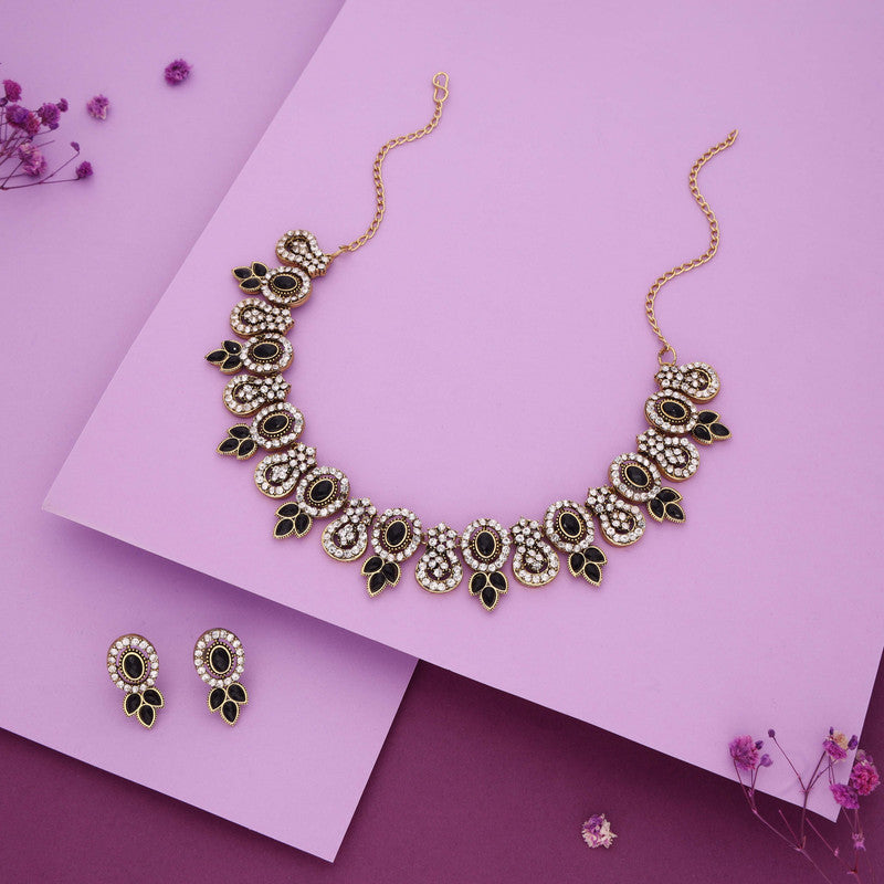 Tehzeeb Creations Gold-Polished Black Colour Choker With Dangle Earrings