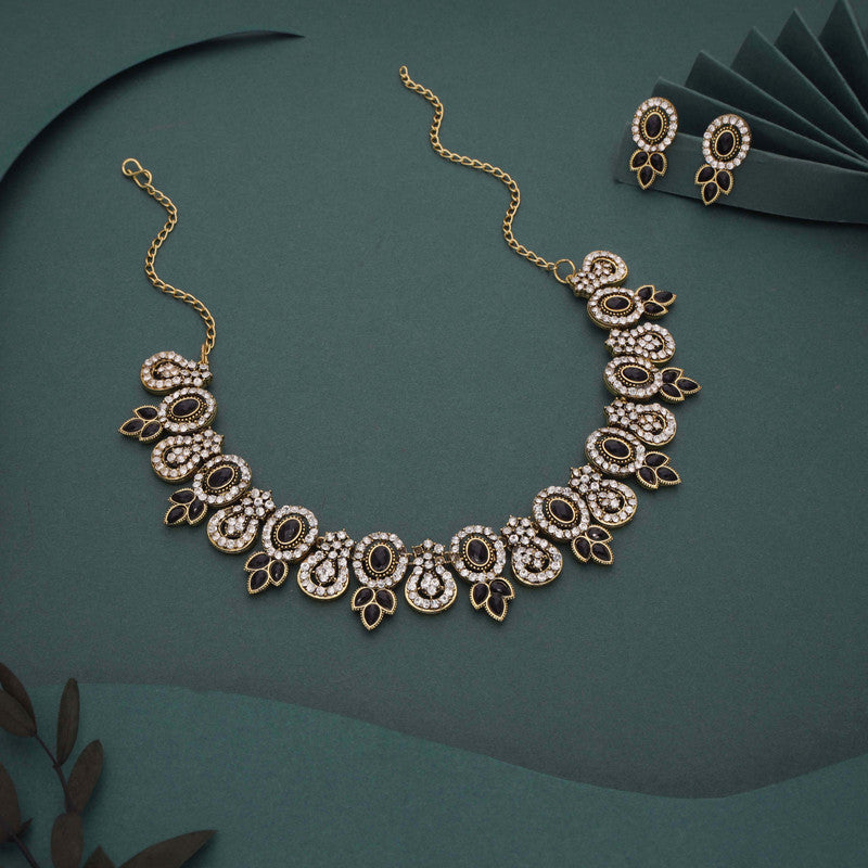 Tehzeeb Creations Gold-Polished Black Colour Choker With Dangle Earrings