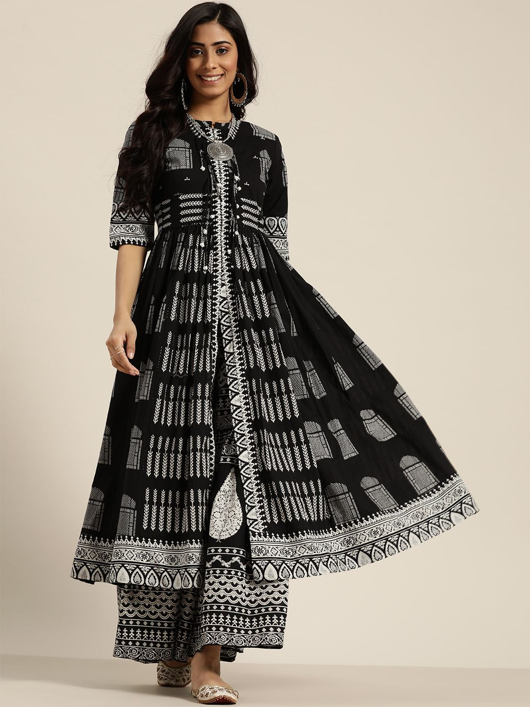 Sangria Women Black & White Ethnic Motifs Printed Pure Cotton Kurta with Sharara