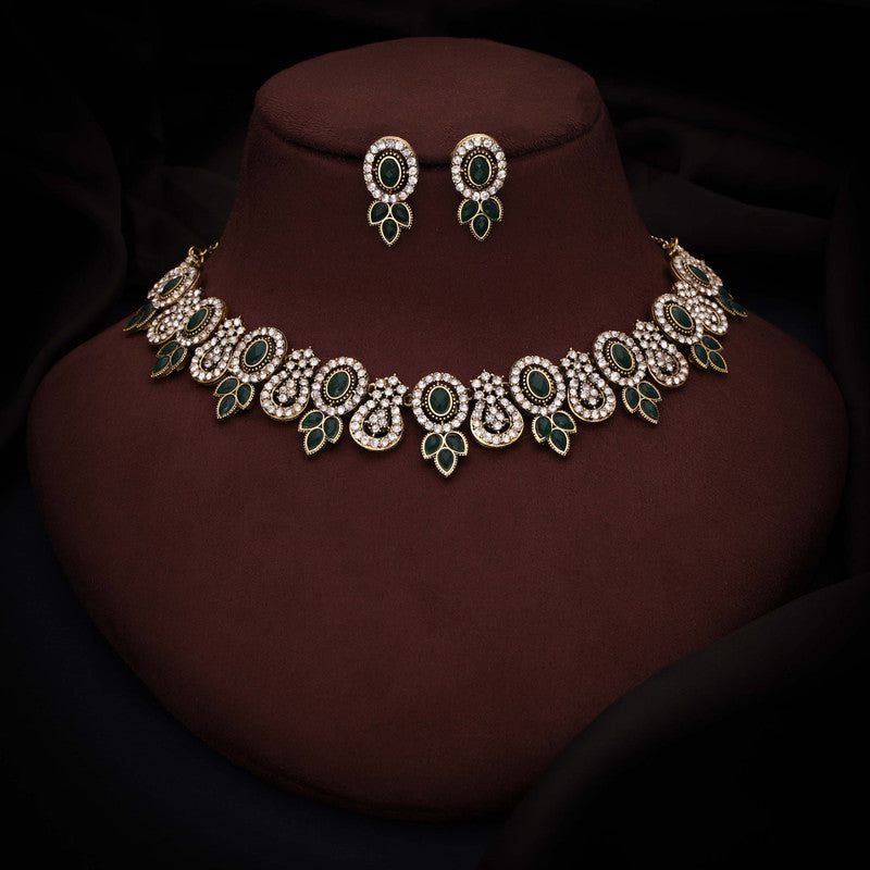 Tehzeeb Creations Gold-Polished Green Colour Choker With Dangle Earrings