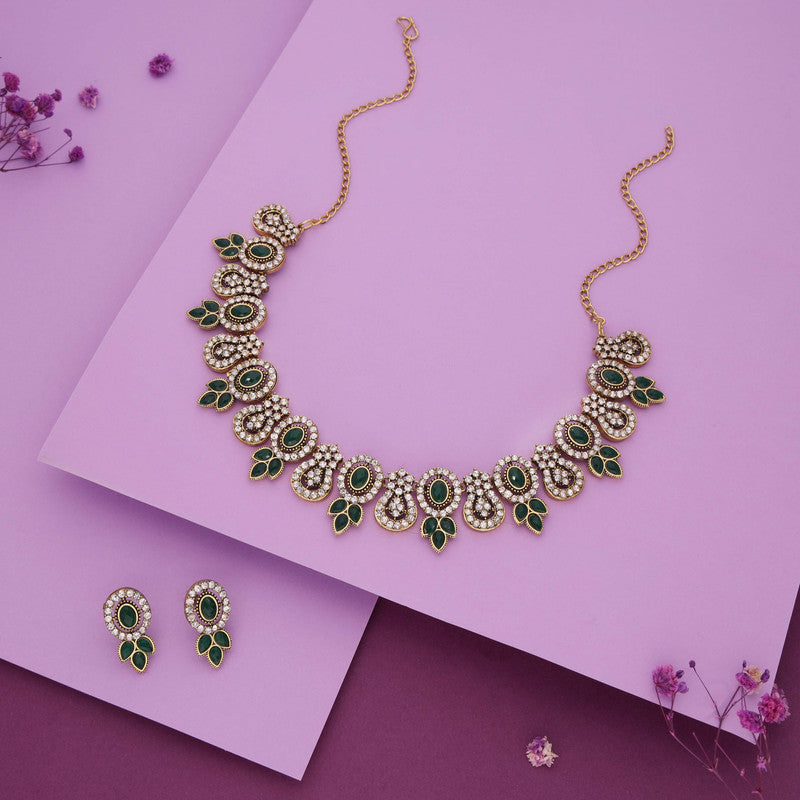 Tehzeeb Creations Gold-Polished Green Colour Choker With Dangle Earrings
