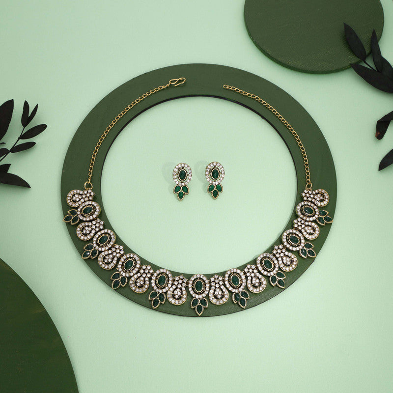 Tehzeeb Creations Gold-Polished Green Colour Choker With Dangle Earrings