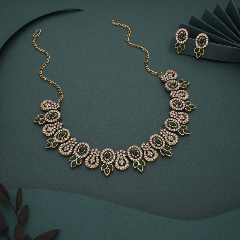 Tehzeeb Creations Gold-Polished Green Colour Choker With Dangle Earrings