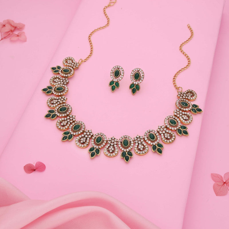 Tehzeeb Creations Gold-Polished Green Colour Choker With Dangle Earrings