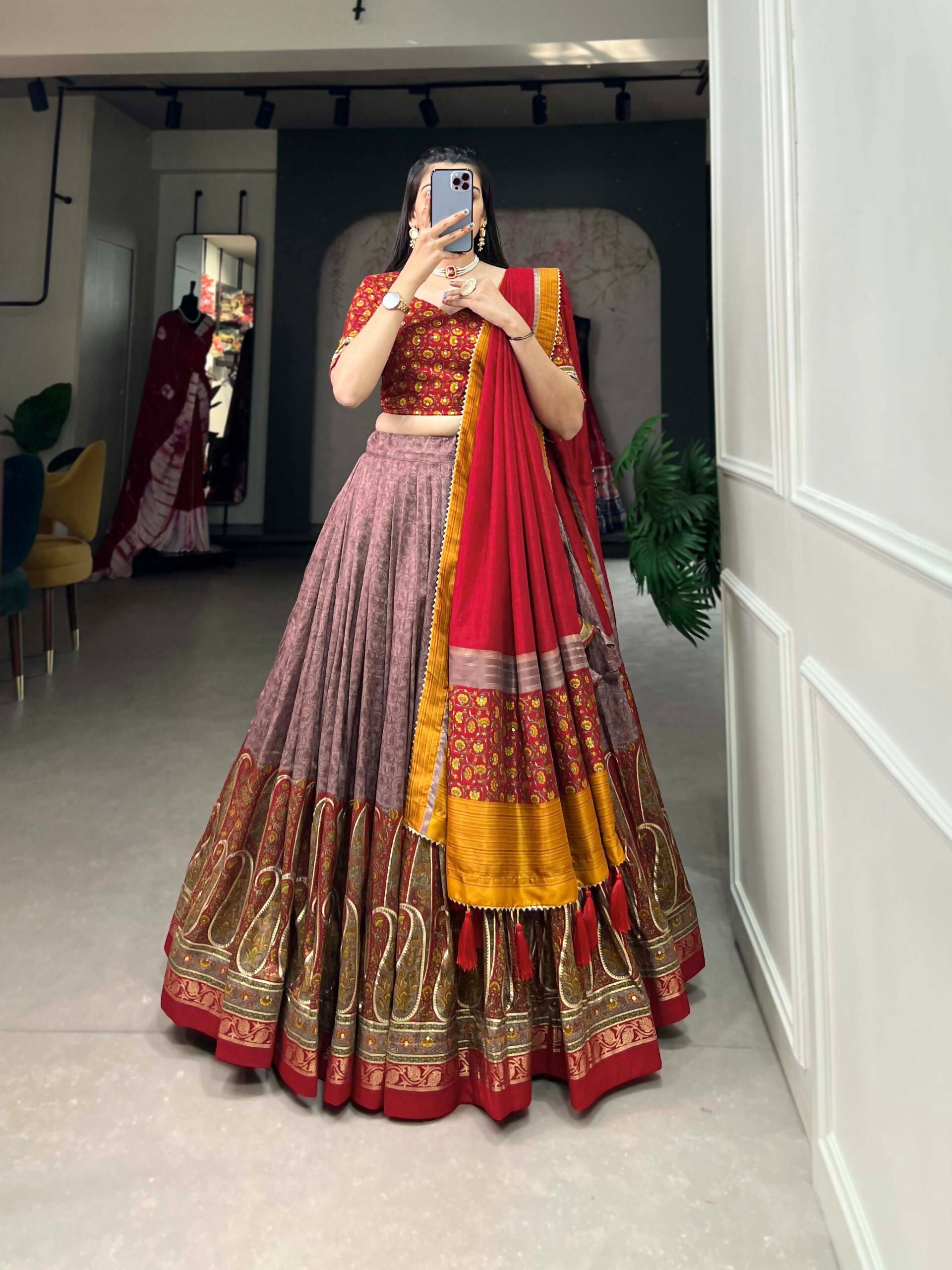Vastranavya Kashmiri Print With Foil Print Lehenga with Unstitched Printed Blouse - Onion