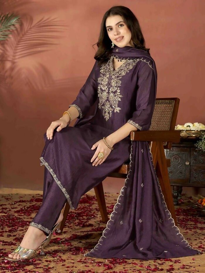 The52 Wine Women's Gorgeous Vichitra Fabric Embroidered Work Straight Kurta Pant and Dupatta Set - Distacart