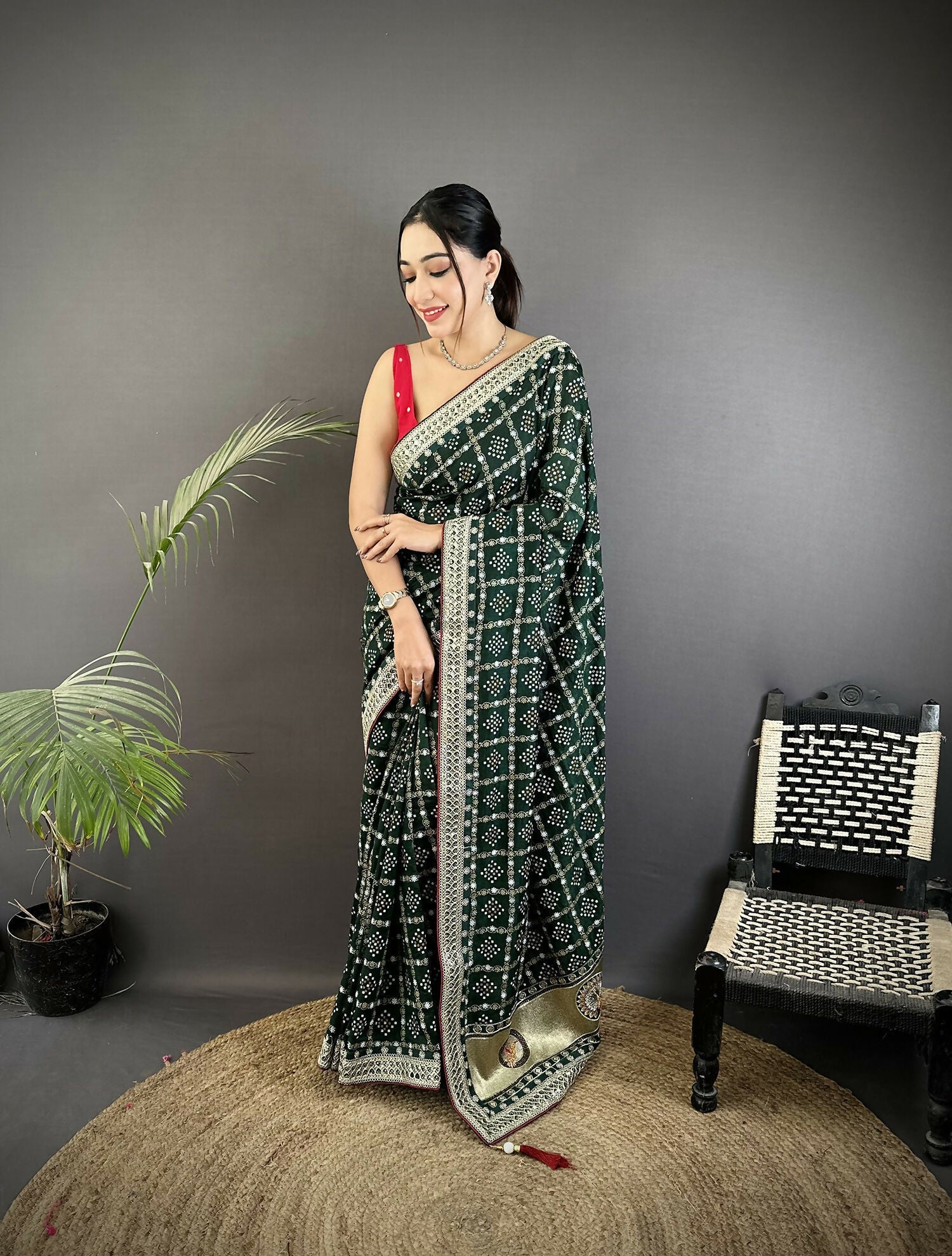 Joban Fashion Dark Green Bandhej Bandhani Vichitra Silk Bandhani Prints Saree - Distacart