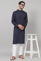Giza Cotton Navy Blue Plain Kurta by Hilo Design