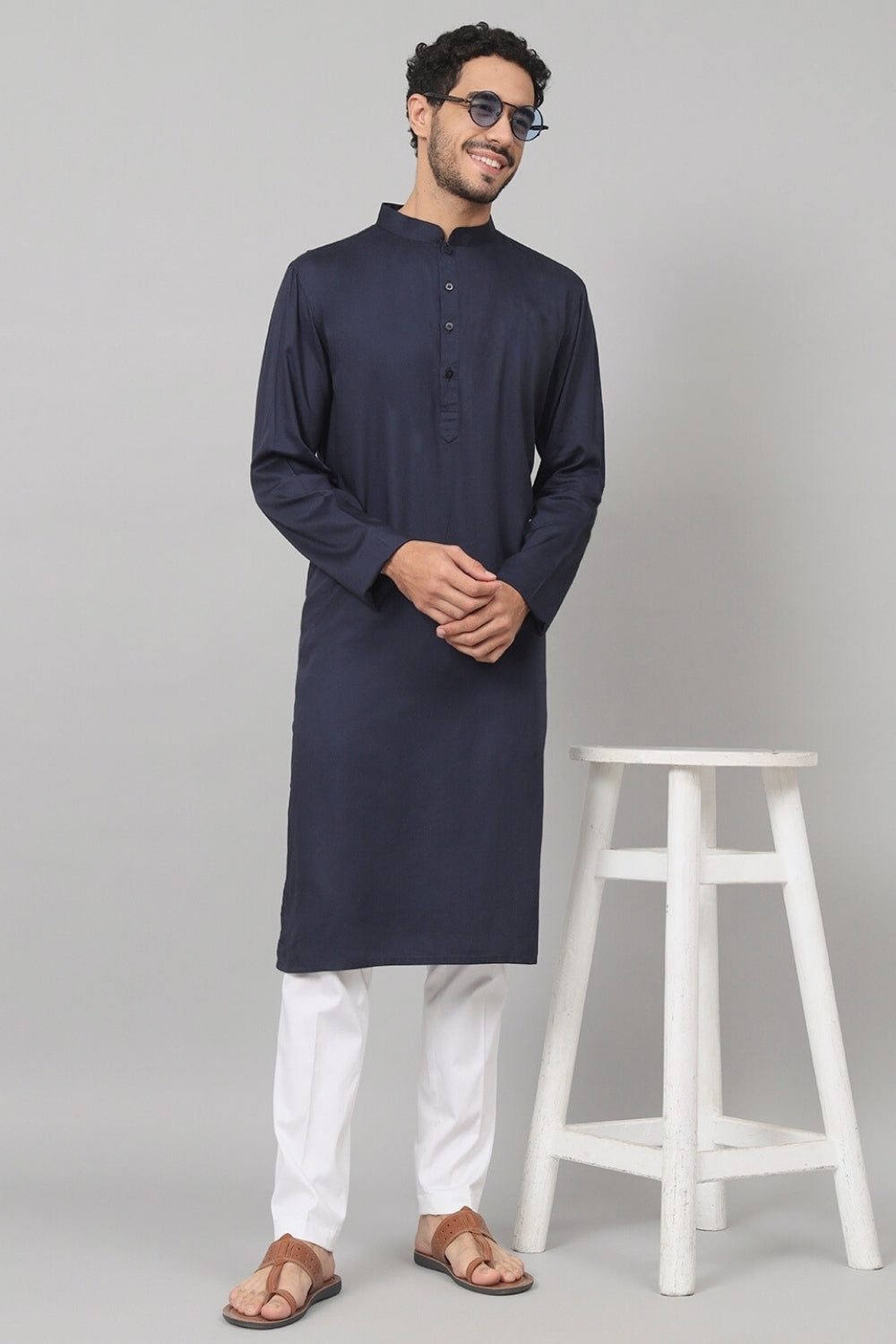 Giza Cotton Navy Blue Plain Kurta by Hilo Design
