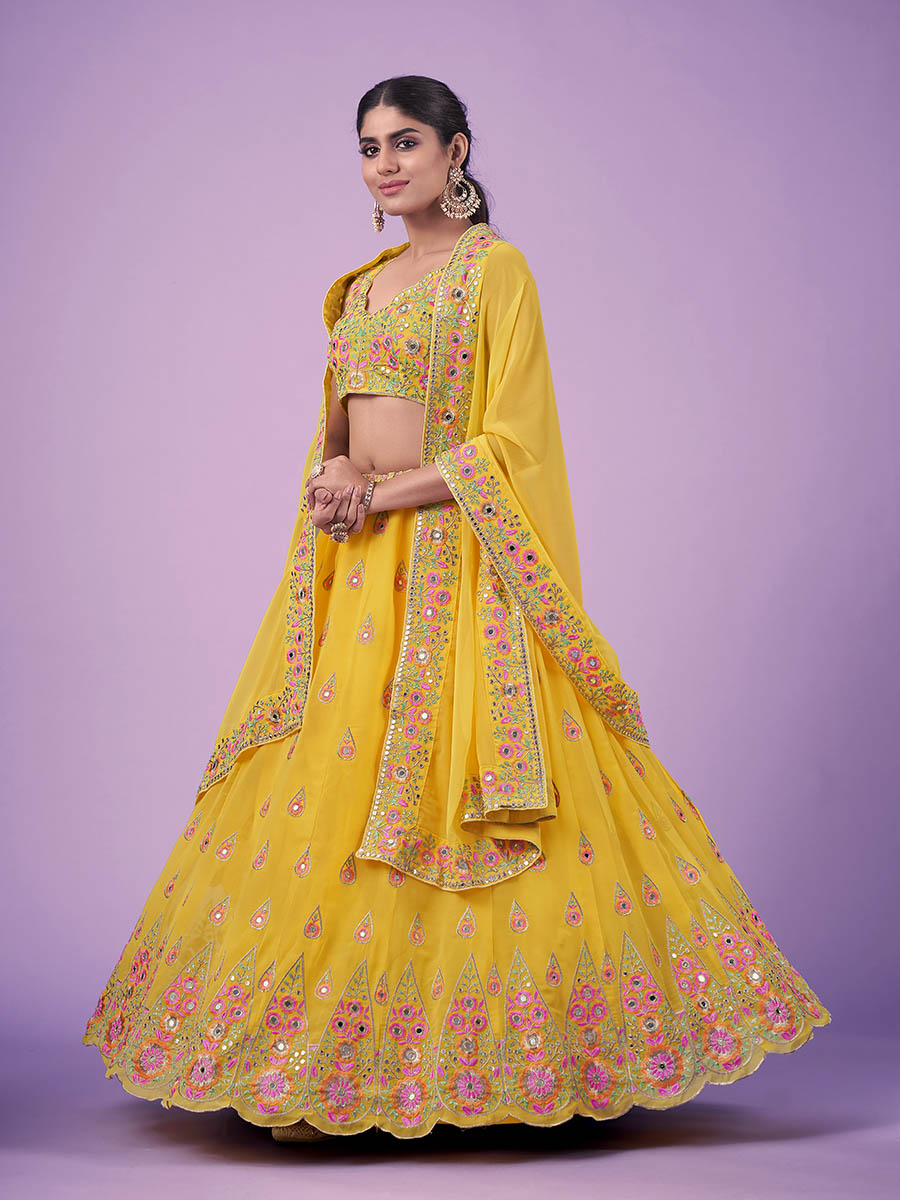 Myra Yellow Georgette Embroidered Designer Lehenga