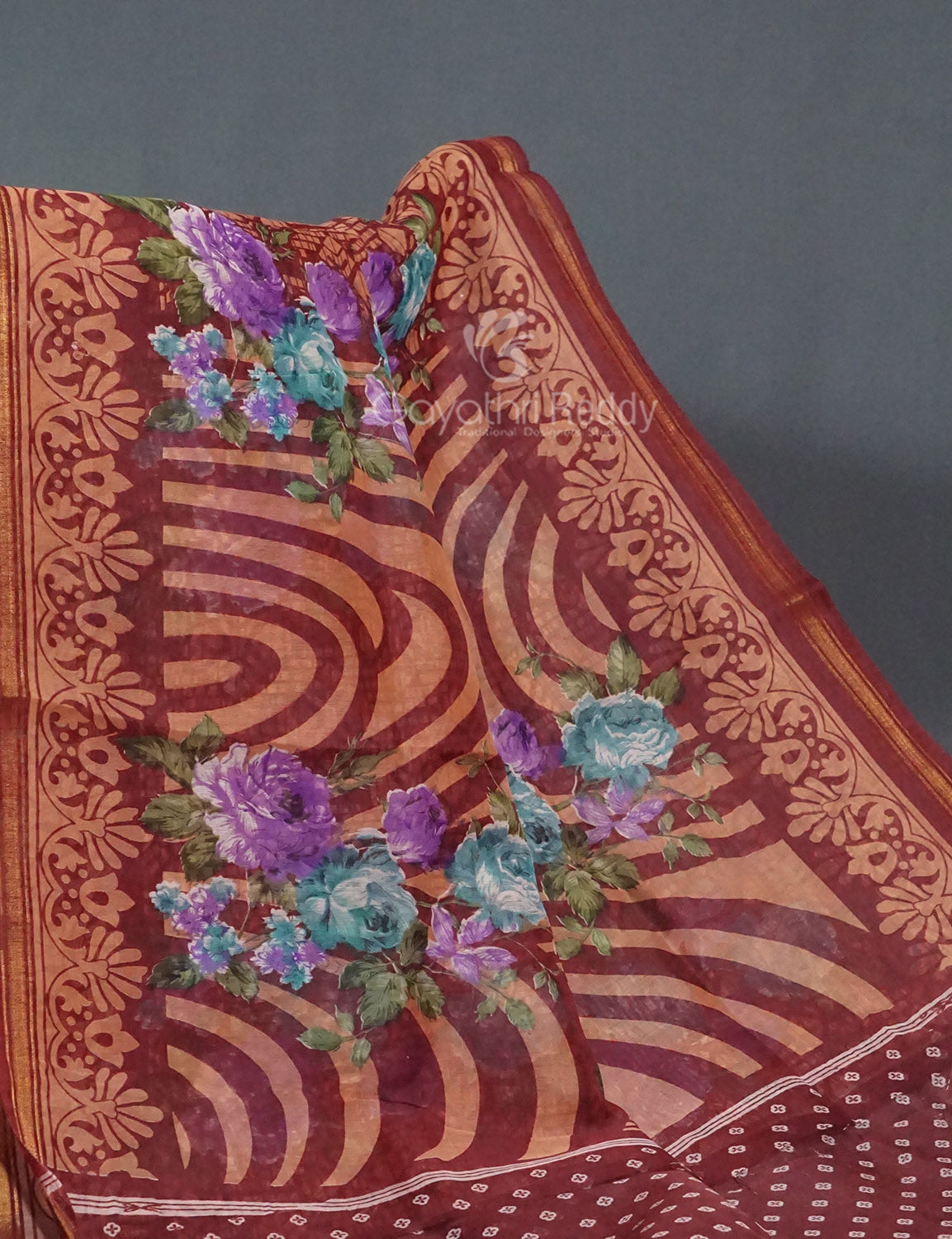 Shades of Maroon Colour Floral Design Semi Chanderi Saree By Gayathri Reddy Designer Studio