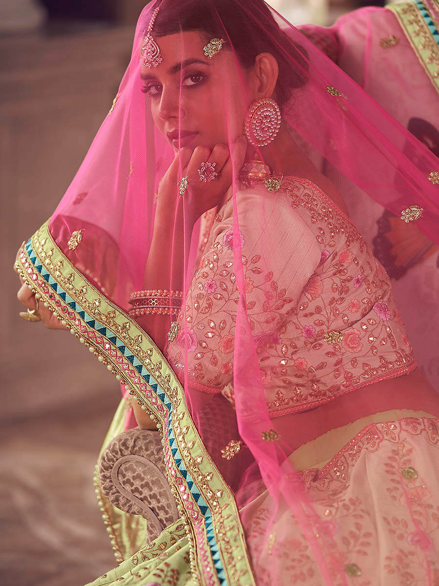 Myra Pista Green Art Silk Heavy Embroidered Lehenga