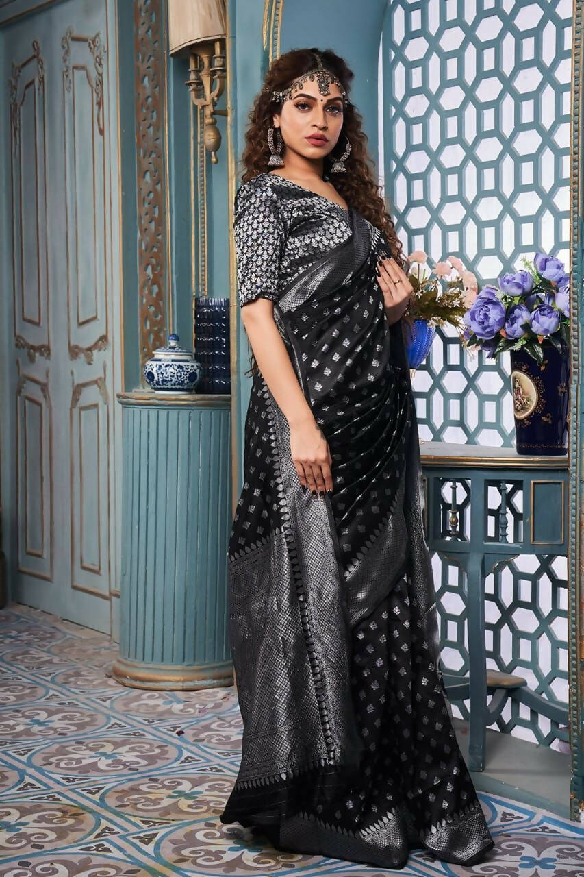 DEIANA'S Beautiful Designer Golden zari Soft Lichi Silk Saree - Black
