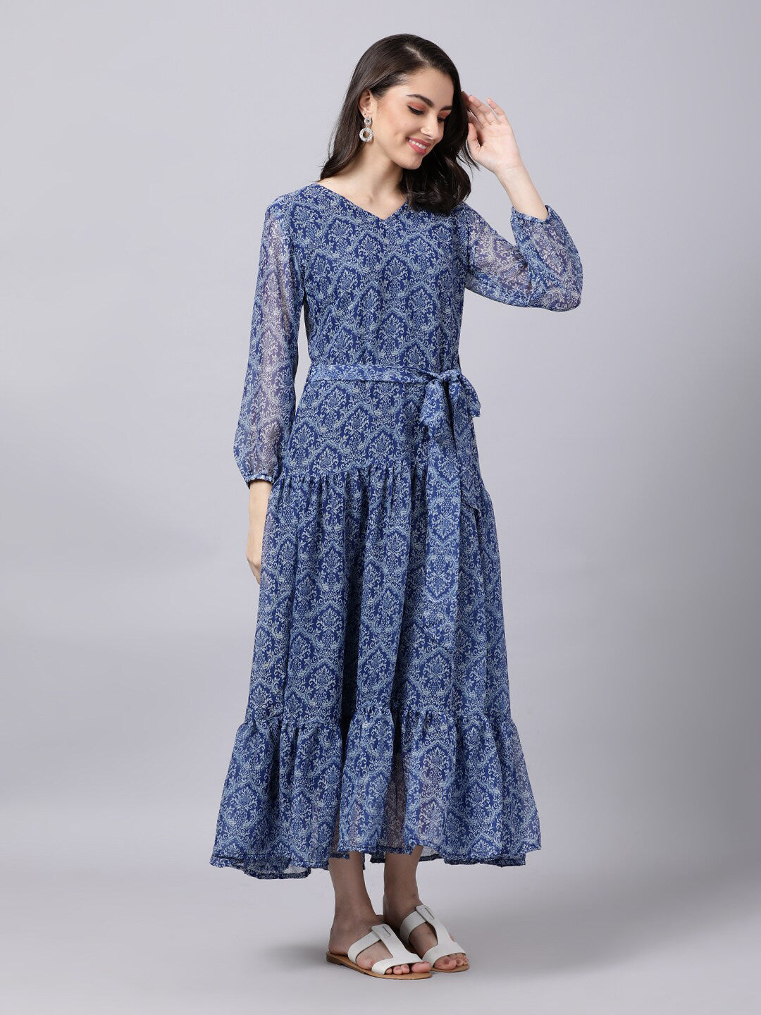 Souchii Blue Ethnic Motifs Printed Chiffon Maxi Tiered Dress - Distacart