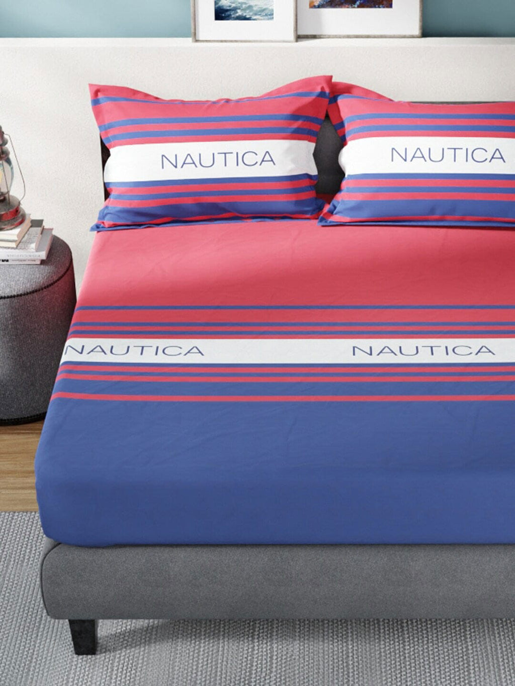Nautica Bradford Red & Blue Striped 160 TC Pure Cotton King Bedsheet & 2 Pillow Covers