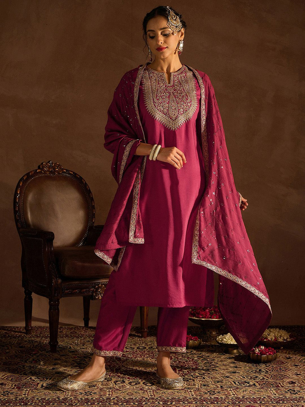 Indo Era Red Floral Embroidered Regular Kurta with Trousers & Dupatta - Distacart