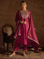Indo Era Red Floral Embroidered Regular Kurta with Trousers & Dupatta - Distacart