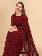 Sangria Maroon Floral Self Design Lace Saree - Distacart