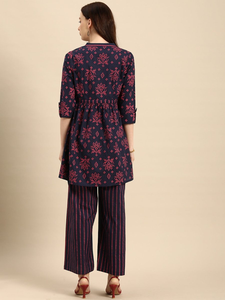 All About You Women Blue & Pink Bandhani Printed Pleated Kurti with Palazzos