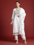 Indo Era Floral Embroidered Thread Work Pure Cotton Kurta with Trousers & With Dupatta - Distacart