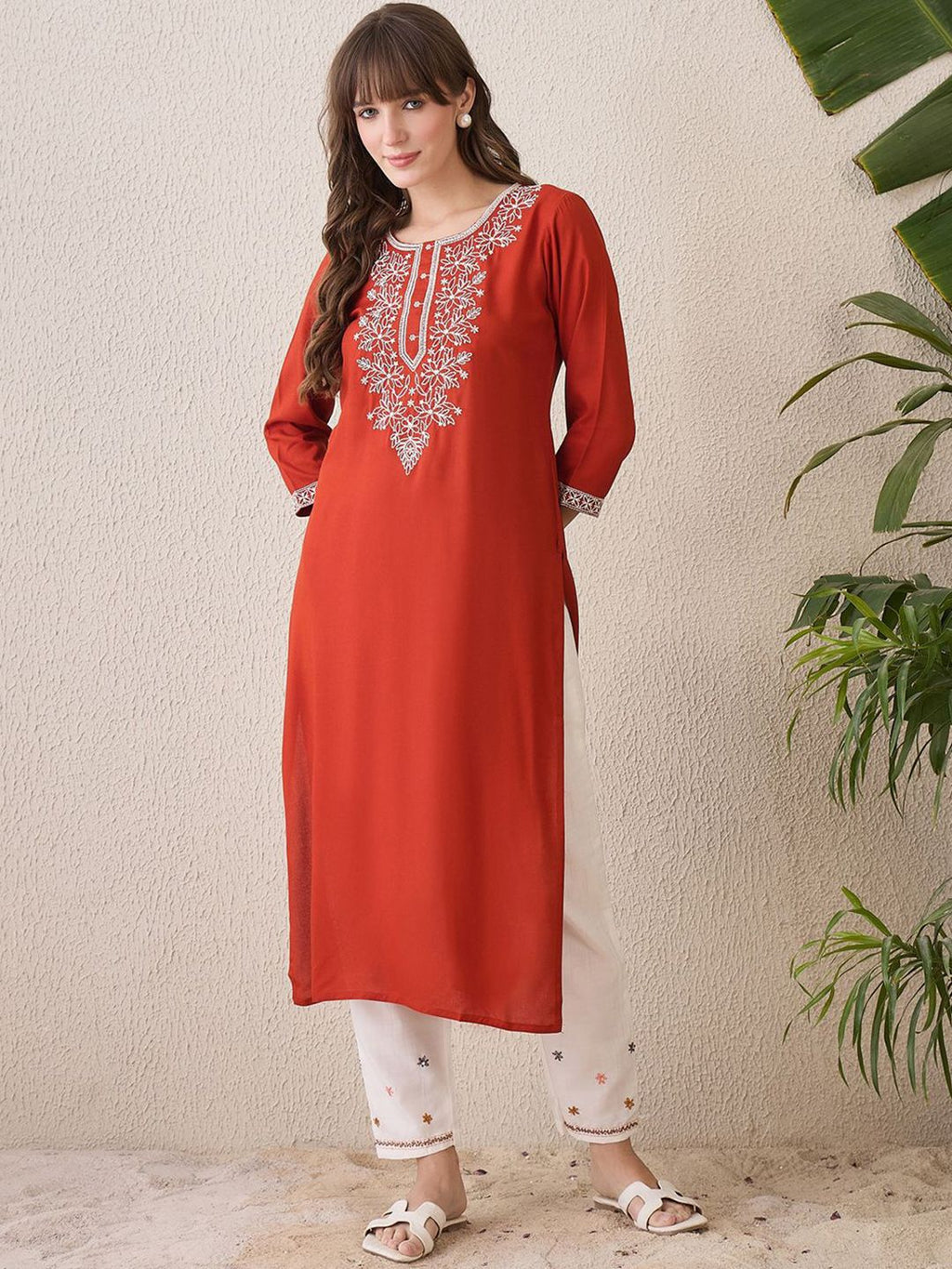 Indo Era Floral Yoke Design Thread Work Cotton Straight Kurta - Distacart