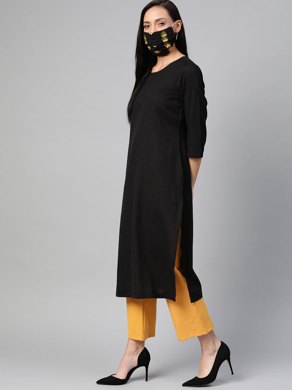 HERE&NOW Women Black Solid Straight Kurta
