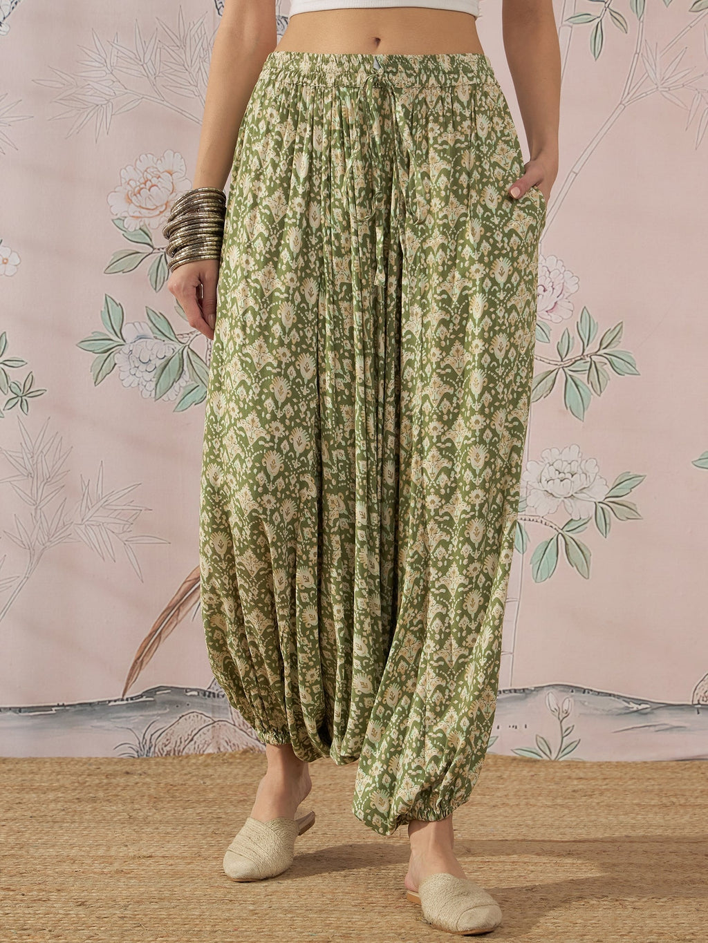 InWeave Apple Green Ikkat Print Harem Pant