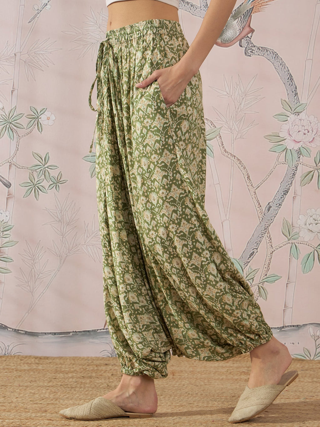 InWeave Apple Green Ikkat Print Harem Pant
