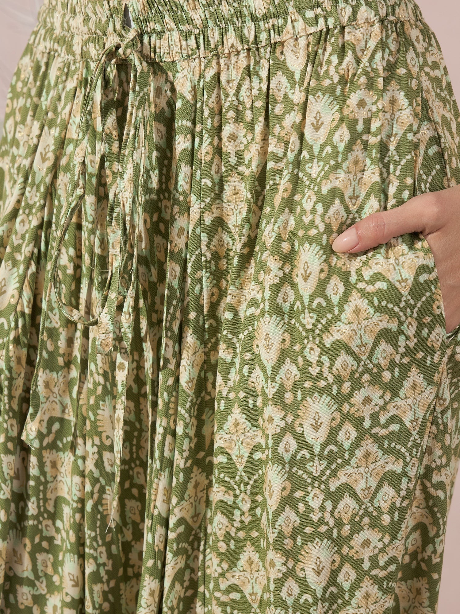 InWeave Apple Green Ikkat Print Harem Pant