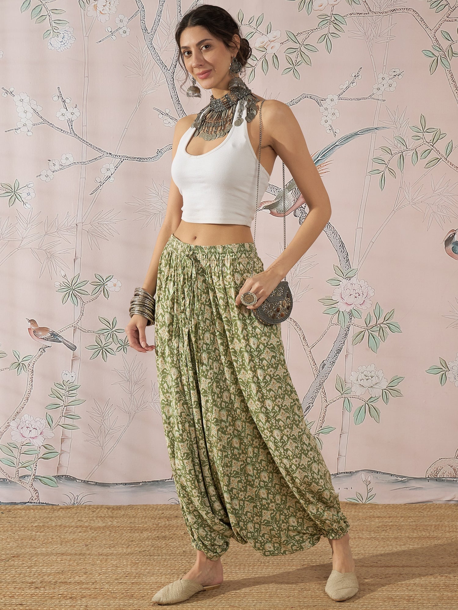 InWeave Apple Green Ikkat Print Harem Pant