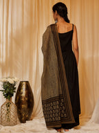 InWeave Women's Black Strappy Kurta Palazzo Set With Green Boota Dupatta