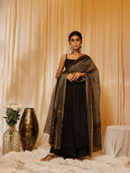 InWeave Women's Black Strappy Kurta Palazzo Set With Green Boota Dupatta